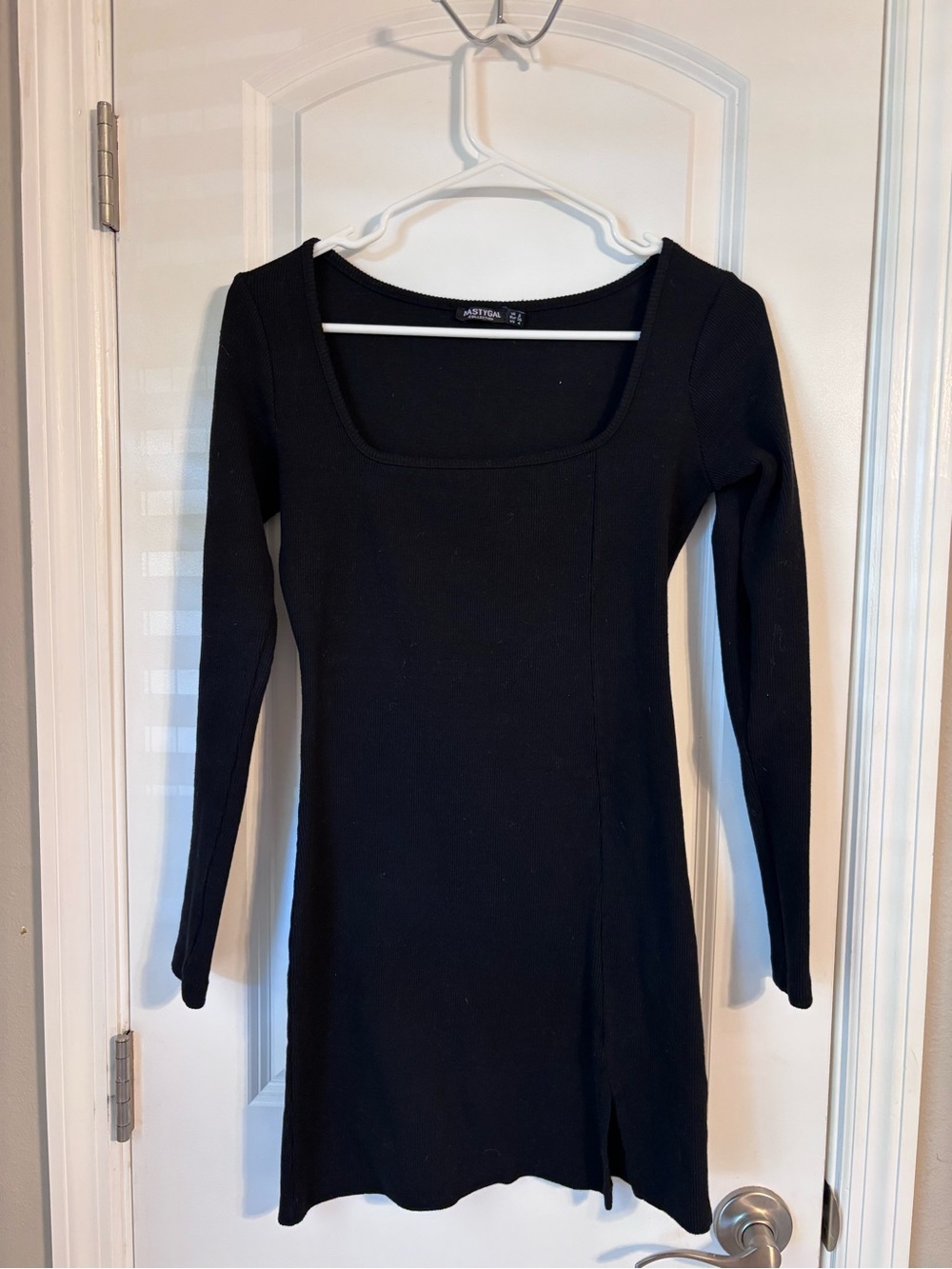 Free People Black Long Sleeve Square Neck Mini Dress with Side Slit